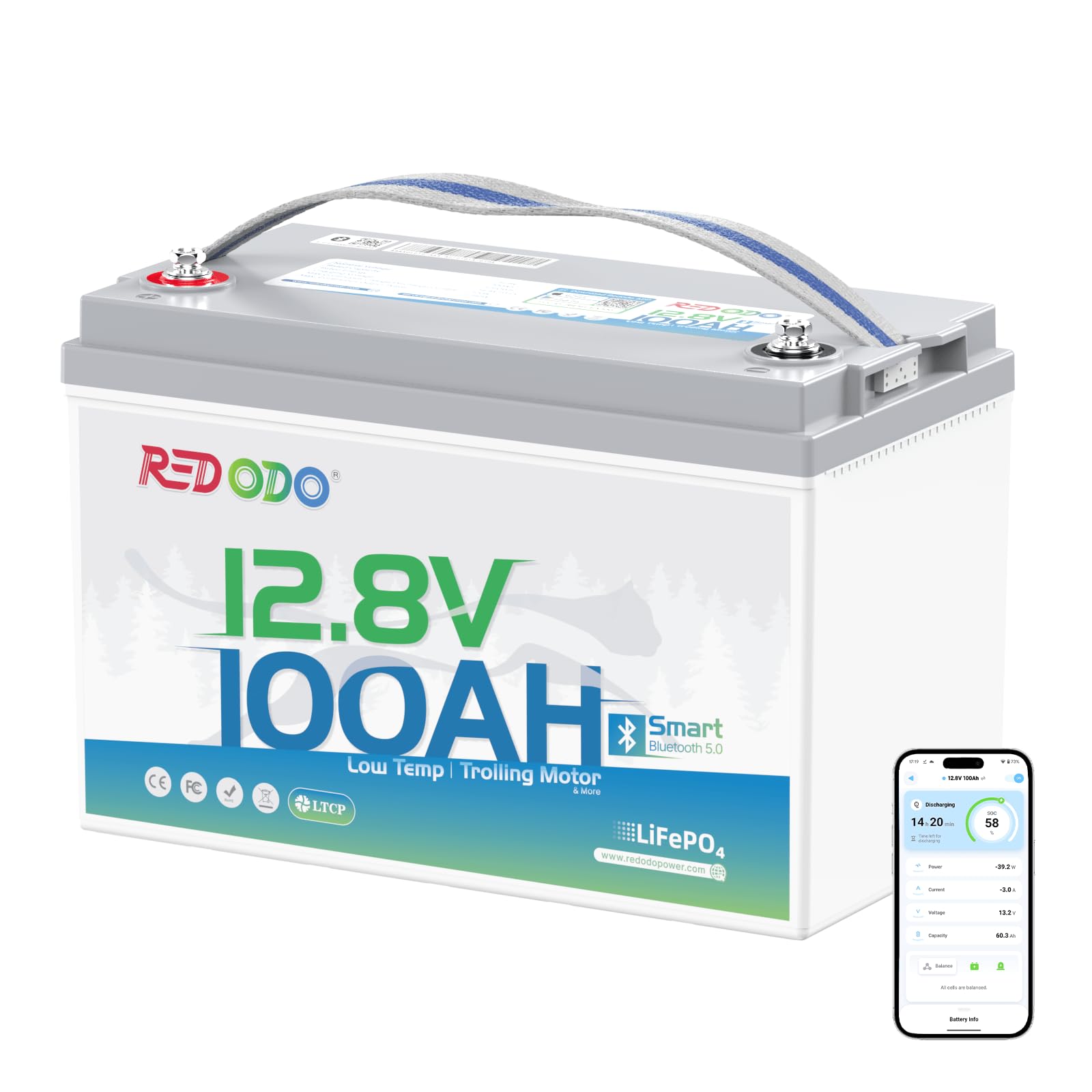 Redodo Smart Bluetooth 12V 100Ah LiFePO4 Battery with Remote Control & Low-Temp Protection for Marine, RV, Solar, Trolling Motor