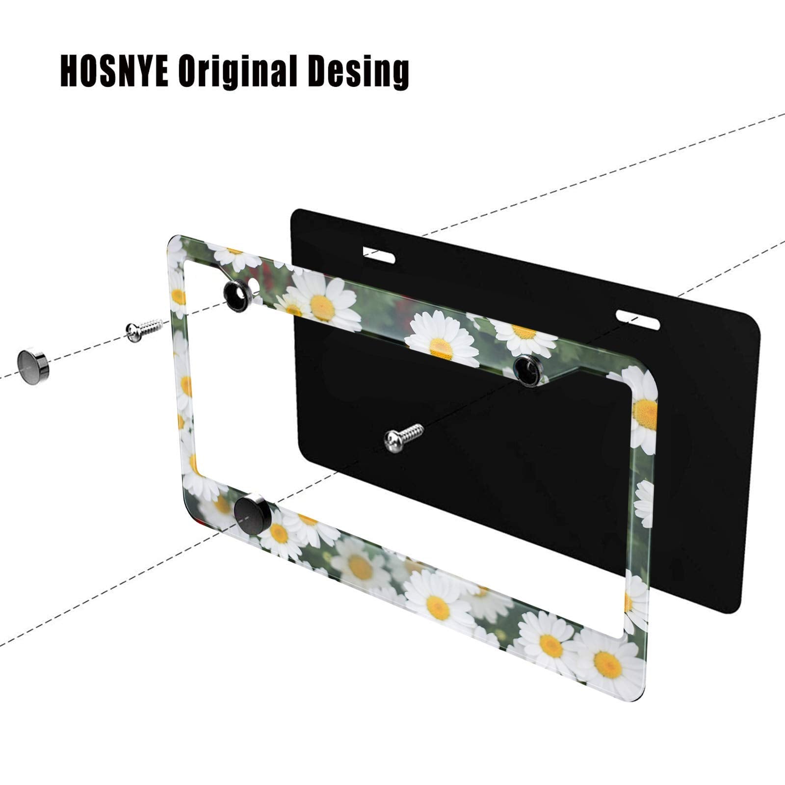 HOSNYE Daisy Flower License Plate Frame White and Yellow in The Grass Metal License Plate Cover Front Plates Frames Car Tag Fram
