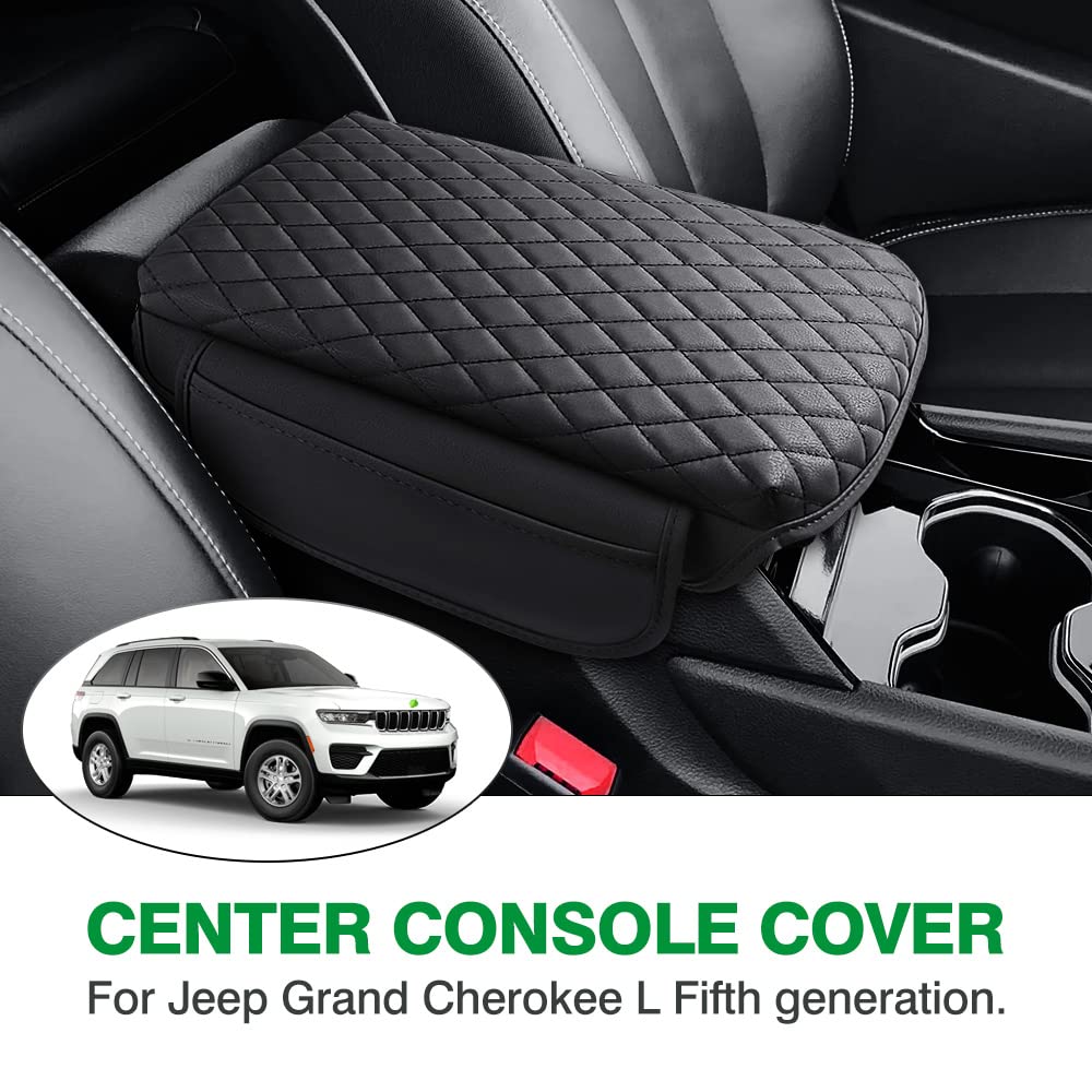 Shademax Center Console Cover for Jeep Grand Cherokee L 2021-2024, Black PU Leather Armrest Pad with Storage Pockets