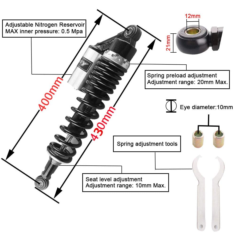 Newsmarts 2Pcs Adjustable 400Mm Motorcycle Air Shock Absorbers Universal Fit For Honda For Suzuki For Yamaha For Kawasaki Atv Go