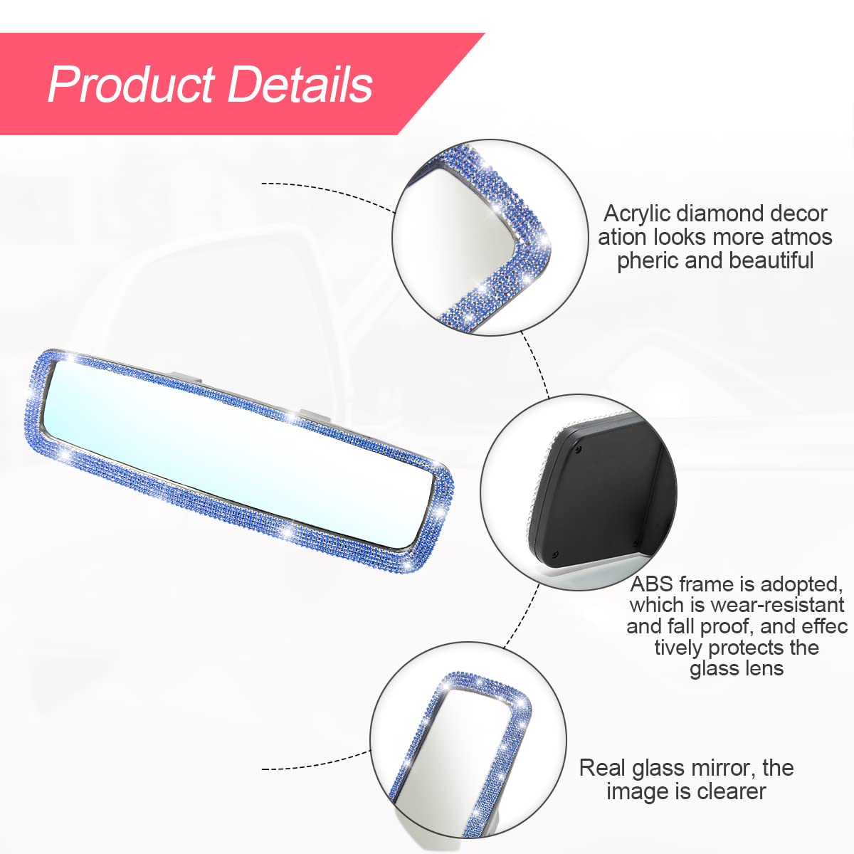 Bling Car Rear View Mirror, Rhinestones Crystal Clip-On Rearview Mirror With Hd Glass, Compatible With Most Cars, Suvs, Vehicles, Auto Interior Accessories For Women Girl (Blue)