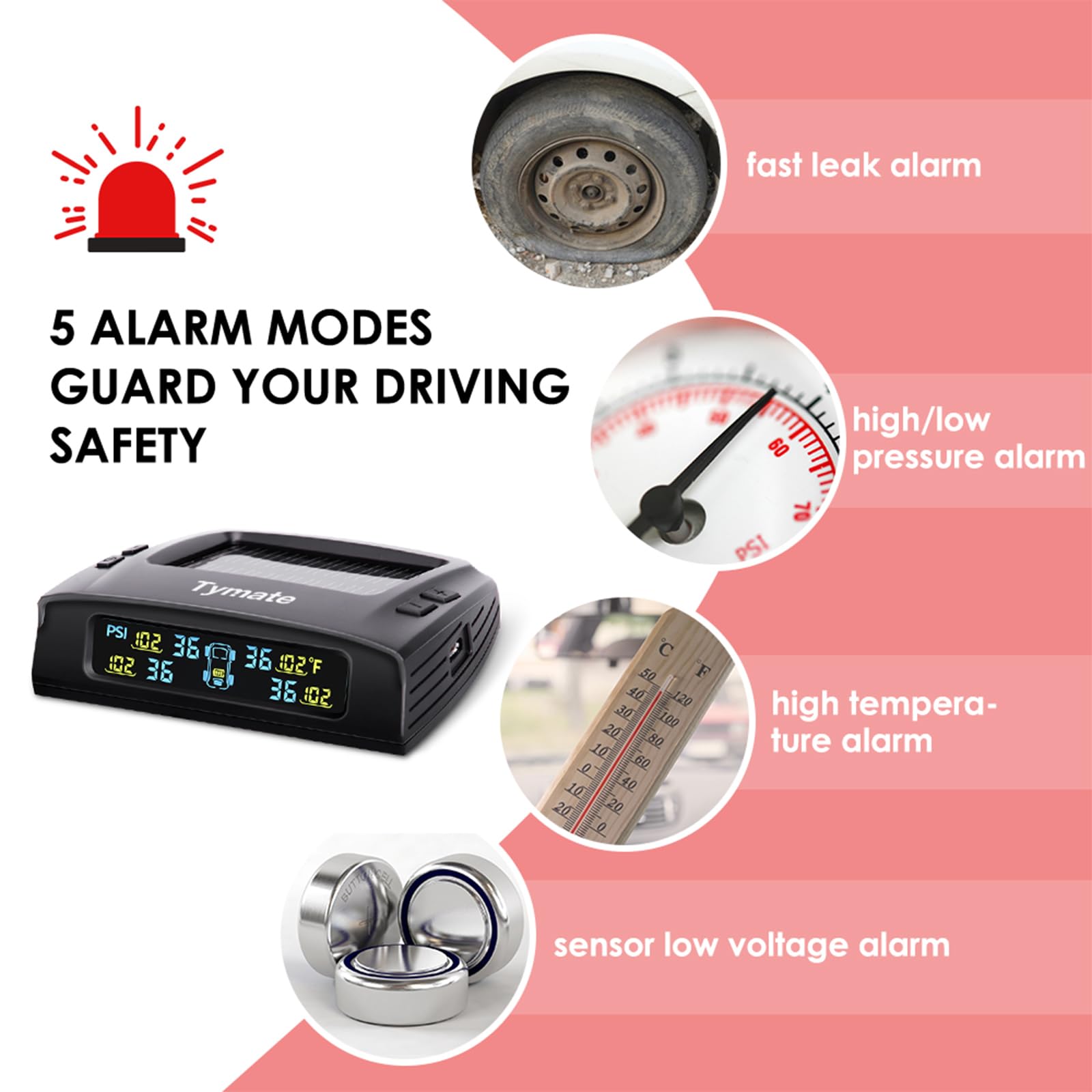 Tymate RV Tire Pressure Monitoring System TM2, Solar Charge, 4 Sensors, 0-87 PSI, Color LCD Display, 5 Alarm Modes