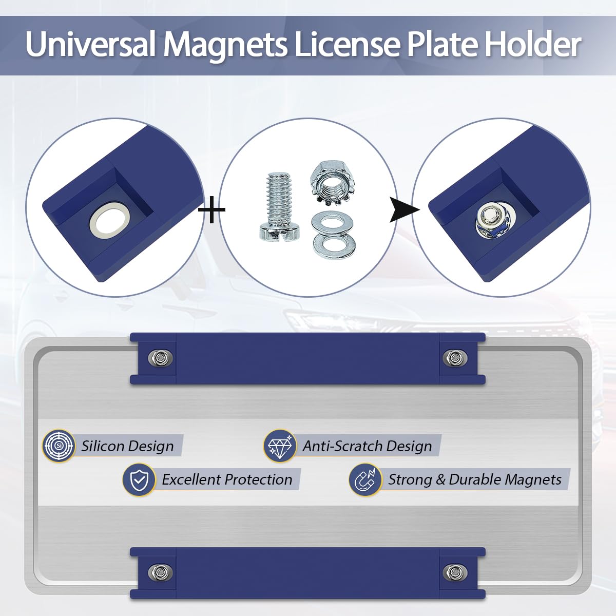 Wfpower Magnetic License Plate Holder, 2 Pack Rubber Coated Protection Dealer Test Driving Plate Holder Blue Demo Tag Magnet Bar
