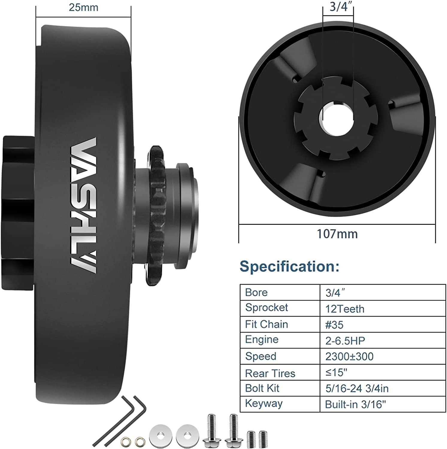 Vashly Go Kart Clutch 3/4" Bore 12T with #35 Chain for Honda Kart Engines