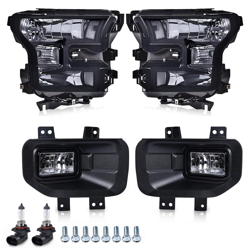 CNNELL Left + Right Headlights Assembly & Fog Lights Compatible with 2015 2016 2017 Ford F150 models only FO2502335, FO2503335 (