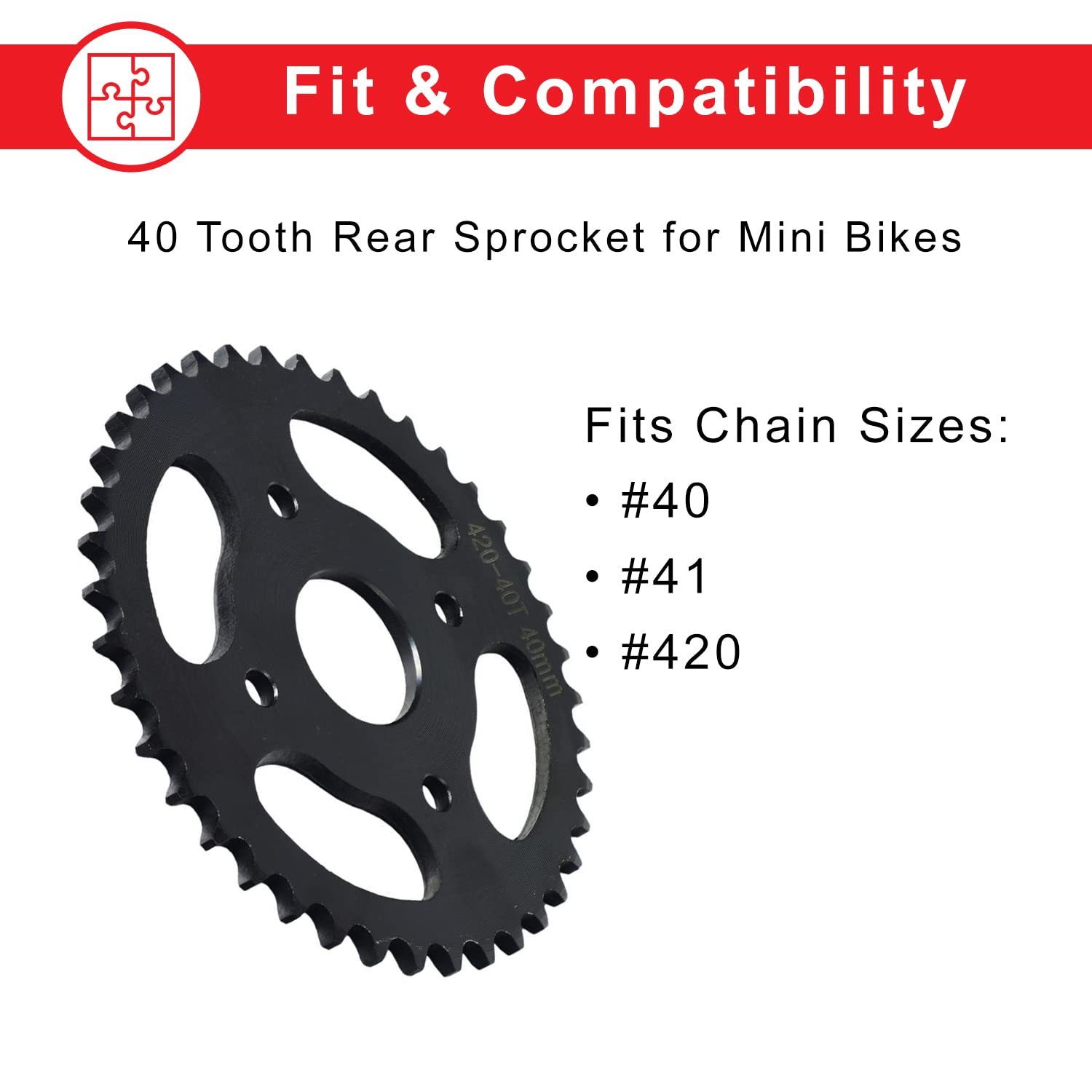Alveytech #40/41/420 Chain 40 Tooth Rear Sprocket - Compatible Replacement Fits 79Cc Gas Mini Bike, 3-Wheel Trike, Go-Kart, Atv,