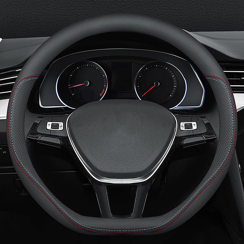 Carodi Latest Nappa Leather Car Steering Wheel Cover, Stylish Non-Slip Leather Car Interior 15 Inches Universal (D-Shape,Black)