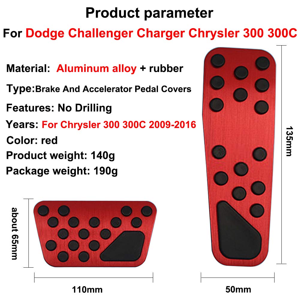 Hecotrax Aluminum Alloy Brake and Accelerator Pedal Covers for Dodge Challenger, Charger, Chrysler 300 - Red, No Drilling, 2008-2023