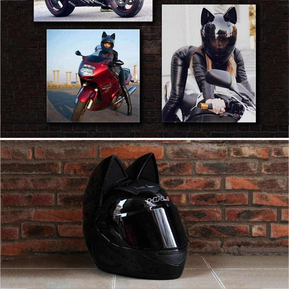 Wangbadan Cat Ear Motorcycle Helmet - Full Face, DOT Certified, Medium, Black, ABS Material for Men and Women