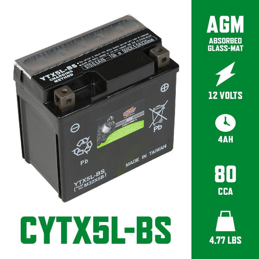 Interstate Batteries YTX5L-BS 12V 4Ah AGM Powersports Battery for Kawasaki, Polaris, KTM Motorcycles, ATVs, Scooters - Model CYTX5L-BS
