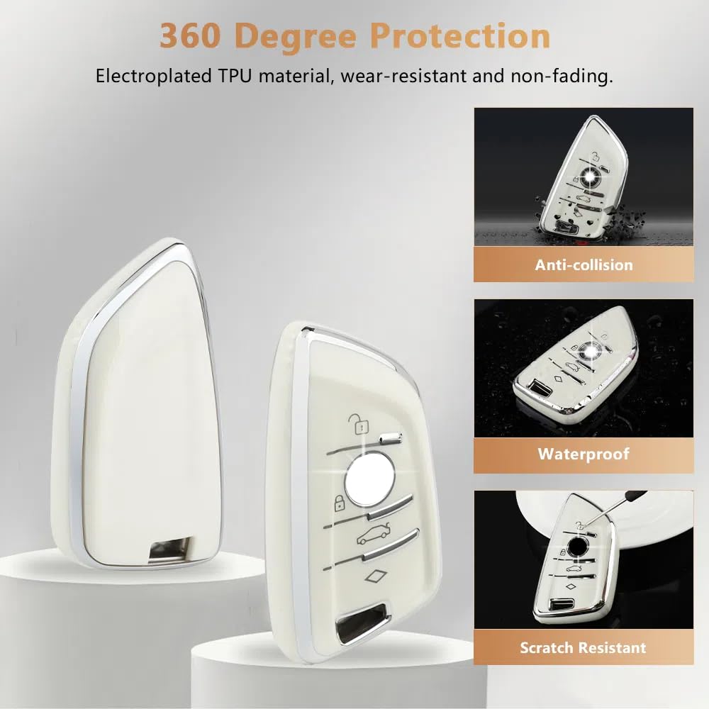 PIFOOG Key Fob Cover for BMW, Premium TPU, 4 Buttons, White and Silver, Model TPU05, Fits BMW X1-X7, M Series Accessories