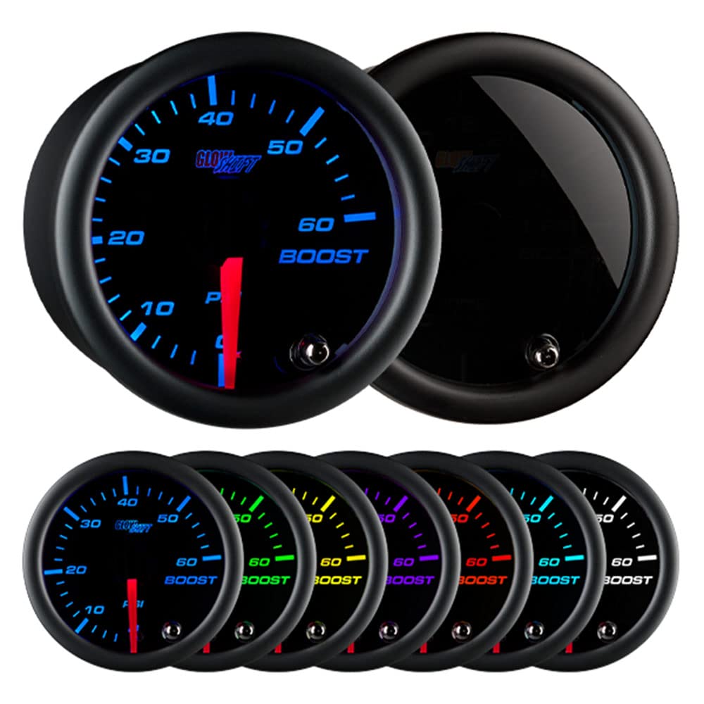 Glowshift Tinted 7 Color 60 Psi Turbo Boost Gauge Kit - Includes Mechanical Hose, 1/8-27 Npt Fittings & Wiring - Multi-Color Dis