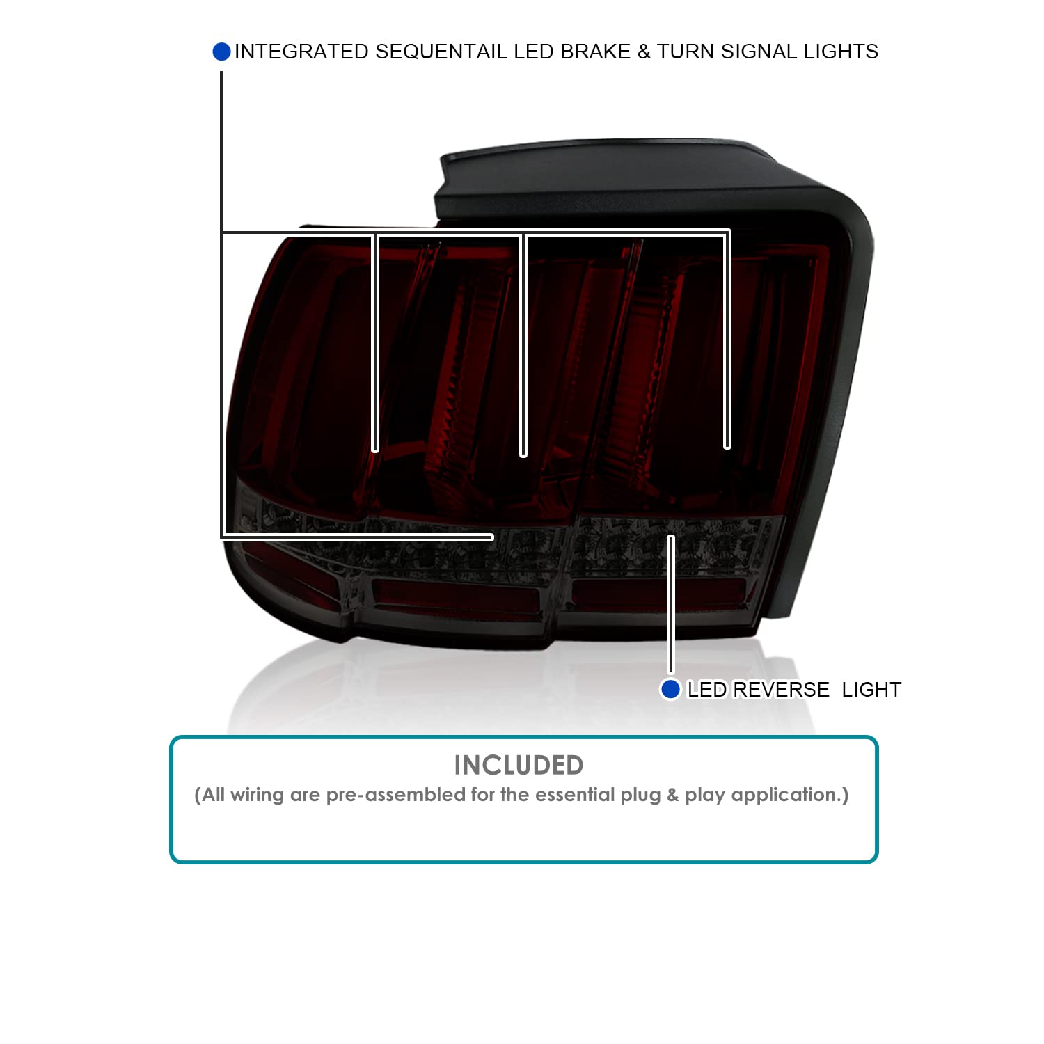Spec-D Tuning Red Smoke Lens Sequential Led Bar Tail Lights Compatible With 1999-2004 Ford Mustang, Left + Right Pair Assembly