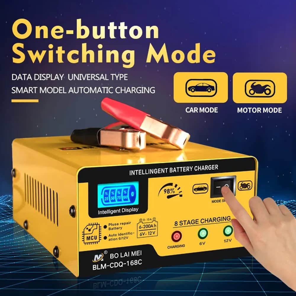 Huiaipaic 15A Smart Battery Charger for 6V/12V Lead Acid Batteries - Pulse Repair, Automotive Desulfator, Orange