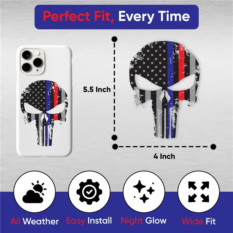 K9King Reflective Skull Decal - 5.5x4 Inch Thin Blue Line Sticker for Cars, Trucks, Laptops - Black & Blue, Model RedBluePun7