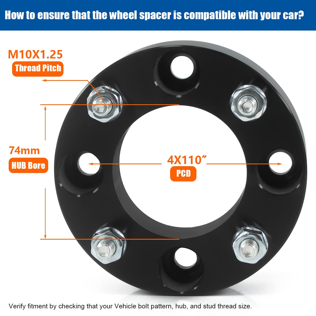 GAsupply ATV Wheel Spacers 2" 4x110 Black Adapters 74mm Hub Bore 10x1.25 Studs, Compatible with Honda/Suzuki/Bombard