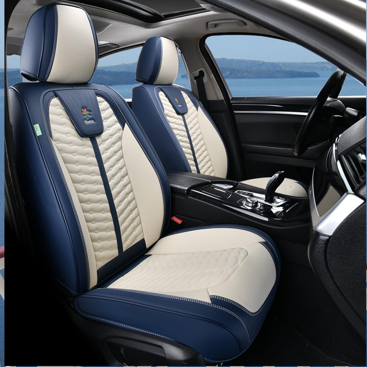 FLORICH Waterproof Faux Leather Car Seat Covers Full Set 5 Seats, Blue & White, Model SCU005 for Most Vehicles