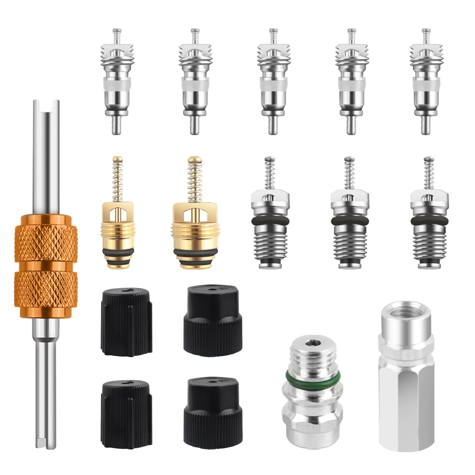 Figpade 17PCS AC Valve Core Kit,Air Conditioning Valve Stem Core Repair Set with AC Valves Cores Removal Tool,Universal Car Tool