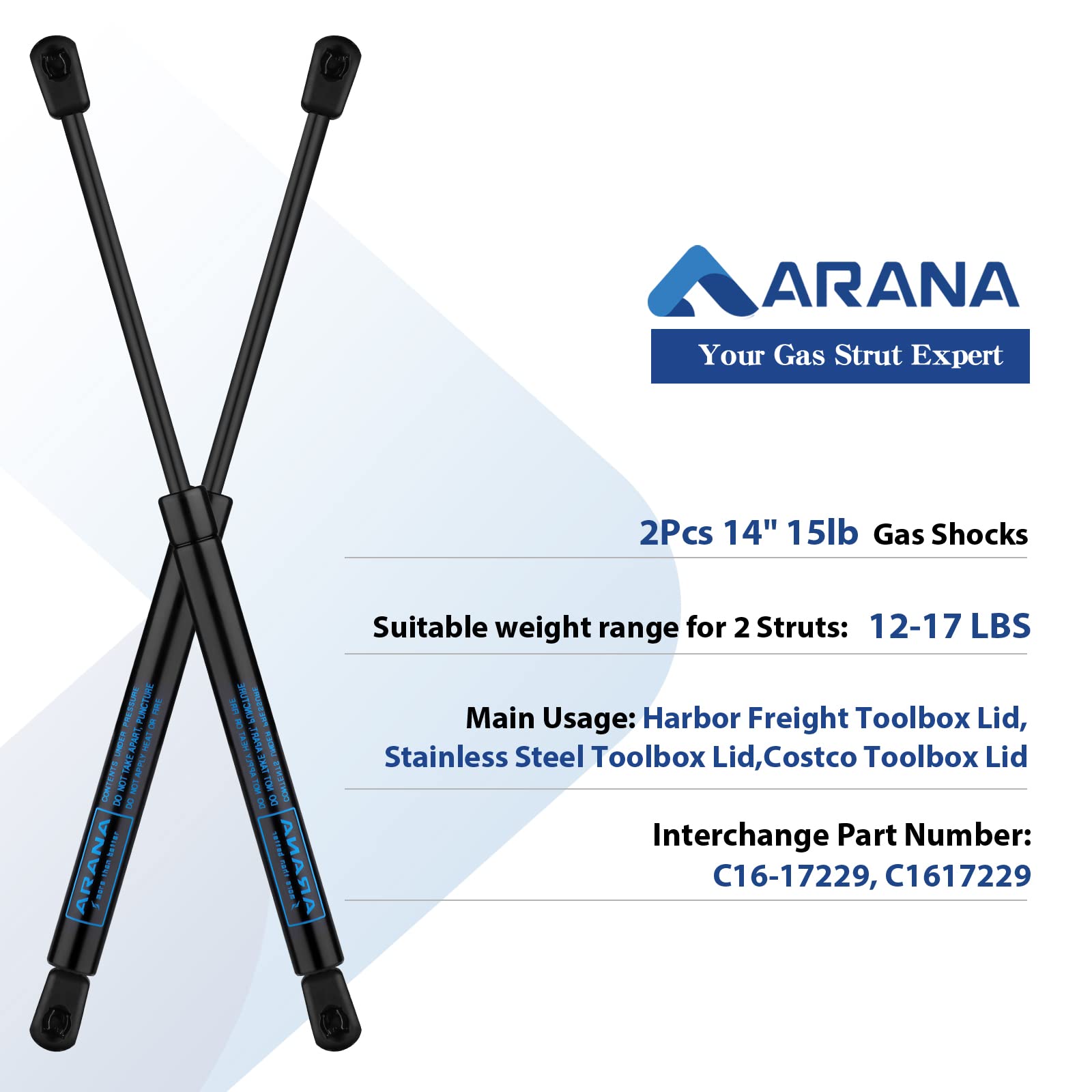 ARANA Gas Struts Spring Shocks, 14 Inch 15Lb Lift Support, Model SX140P15A, Set of 2 for Toolbox Lids