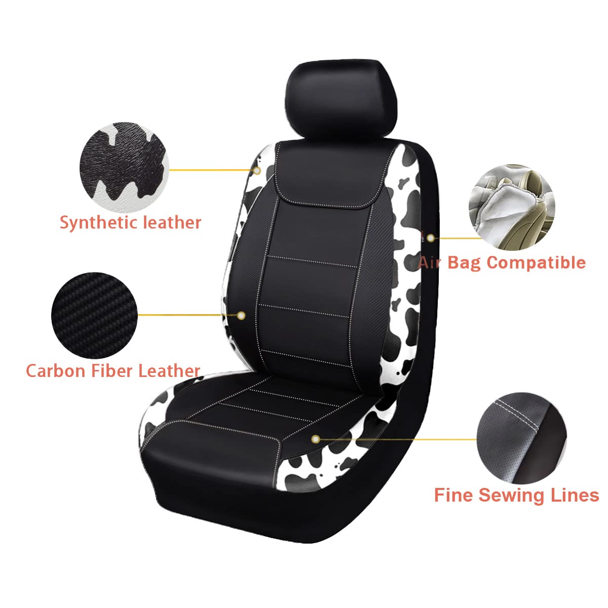 Flying Banner Waterproof Faux Leather Car Seat Covers, Full Set - 8PCS, Cow Black, Model FB-067