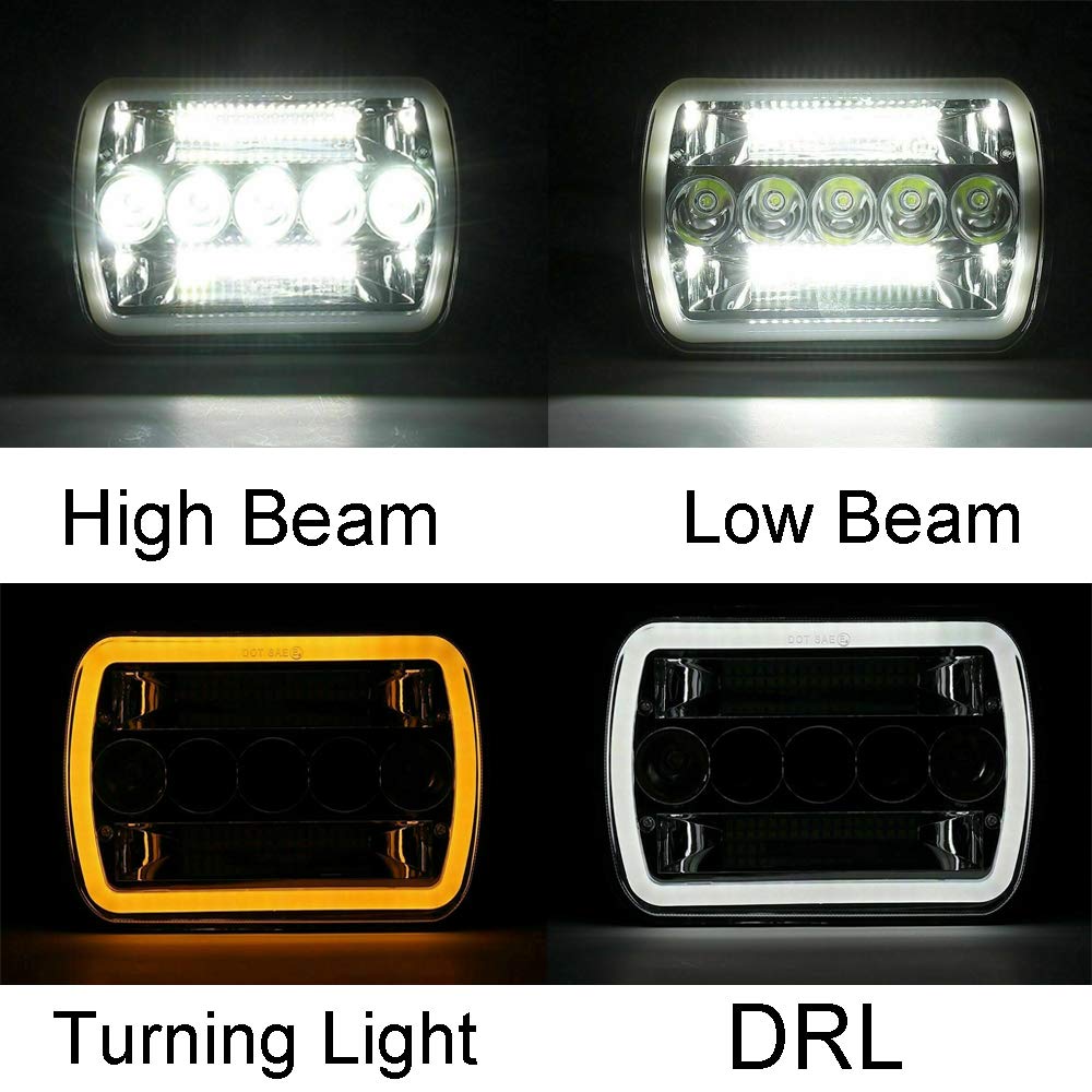 AMUNIESUN Super Bright Pair 7x6 5x7 Headlights 6052 6054 H5054 H6054 Hi/Low Sealed Beam White/Amber Halo Compatible With Ford E2