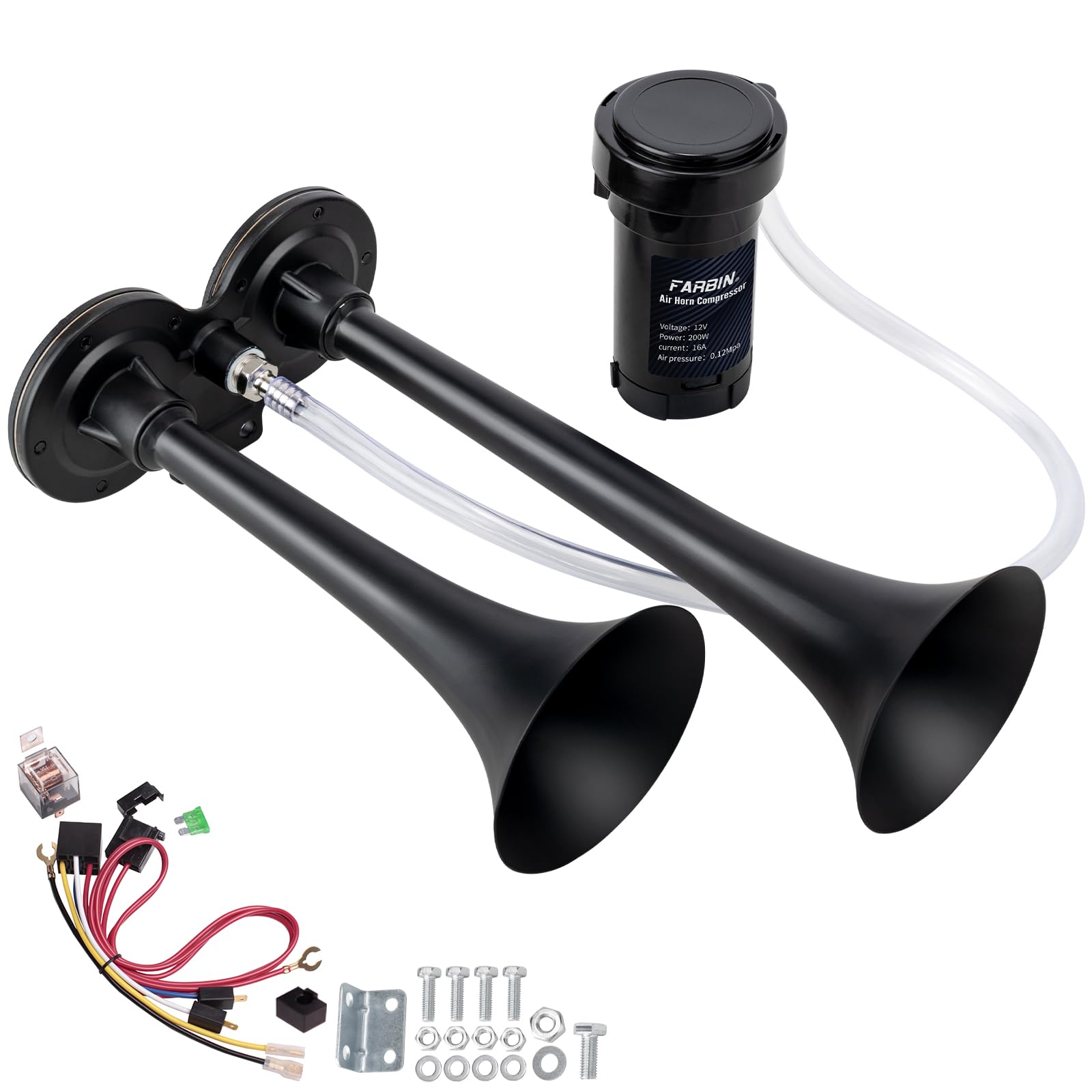 Farbin Car Horn 12V 150Db Super Loud Air Horn, Dual Trumpet Train Horns Kit For Trucks, Truck Horn With Compressor And Wire Harn