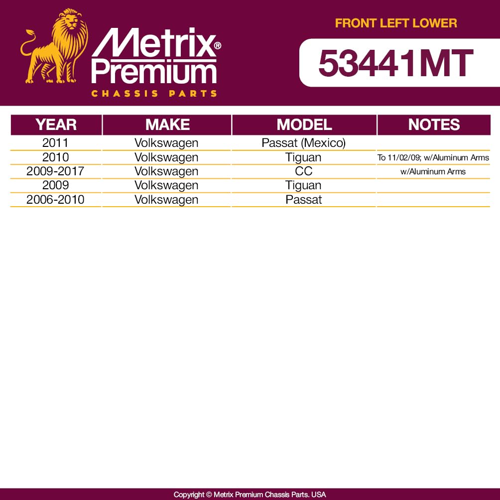 Metrix Premium Chassis Parts - Front Left Lower Control Arm W Ball Joint & Bushing Assembly Fits 11 Volkswagen Passat (Mexico),