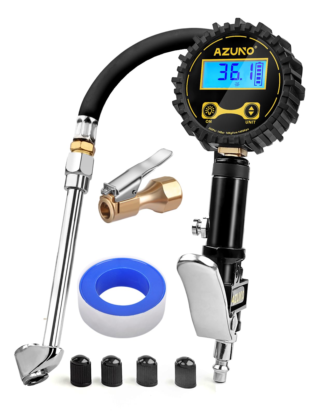Azuno Digital Tire Inflator With Pressure Gauge, 200 Psi, Heavy Duty Air Compressor Accessories, W/Rubber Hose Lock On Air Chuck