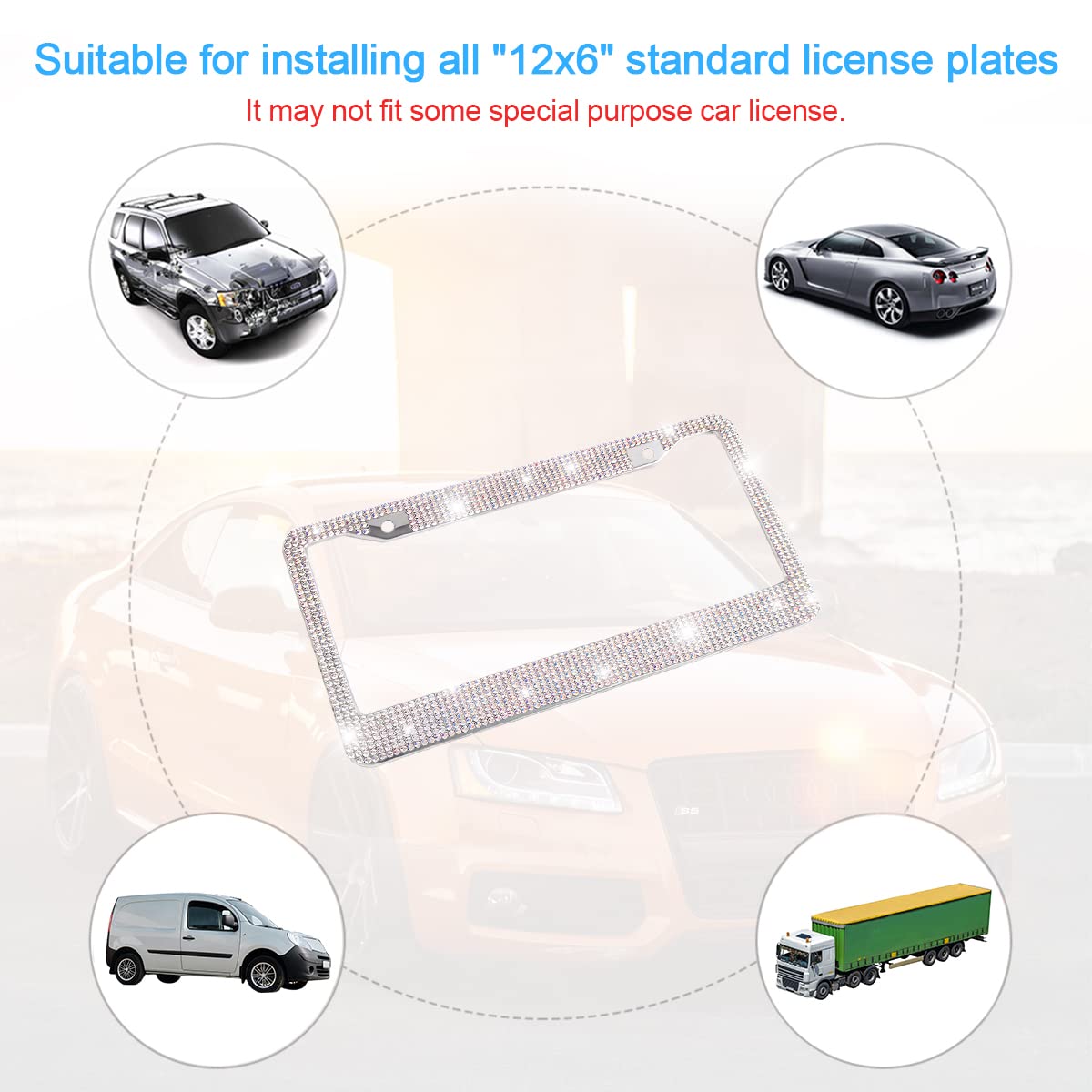Yalok Bling Car License Plate Frame, Sparkly Rhinestone Stainless Steel License Plate Cover/Holder, Universal For Most Cars, Suv