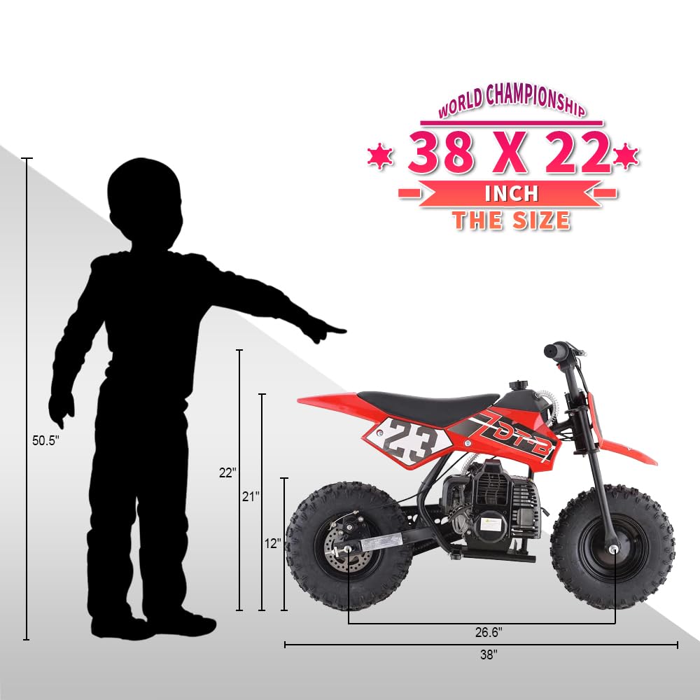 HOVER HEART Mini Kid Dirt Bike, 49 CC 2-Stroke Gas Bike with Off-Rode Tire, Suspensions, Disc Brakes, Max Load 160Lbs, Up to 20M