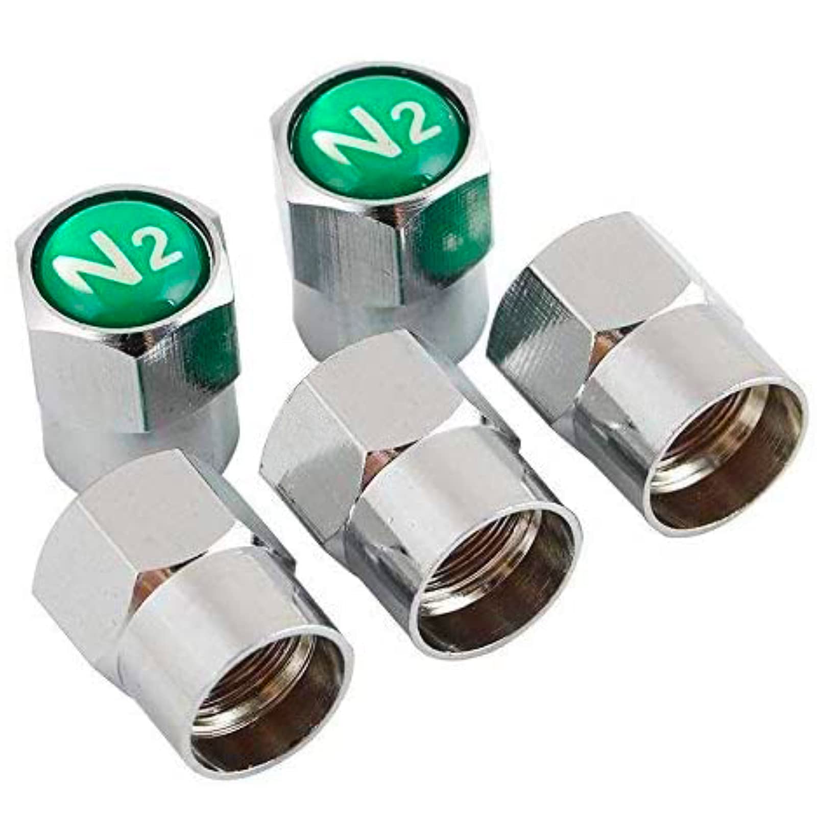 GODESON Chrome Plated Brass Tire Valve Stem Caps, N2 Nitrogen Logo, 0.53 inch, Green, Model GD-BV01B, 5 pcs/Set + 1