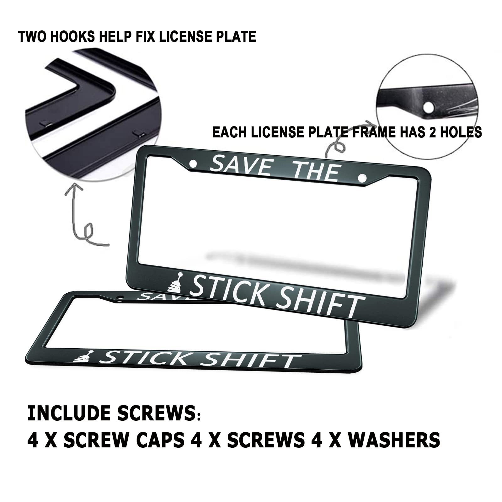 HOSNYE Save The Stick Shift License Plate Frame Black 2 Pcs Metal Cute Licenses Plates Frames Licenses Plate Covers Car Tag Fram