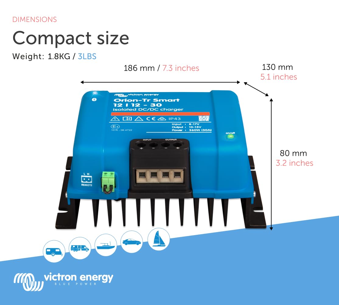 Victron Energy Orion-Tr Smart Dc To Dc Charger (Bluetooth) - 12/12-Volt 30 Amp 360-Watt - Battery Charger For Dual Battery Systems - Isolated