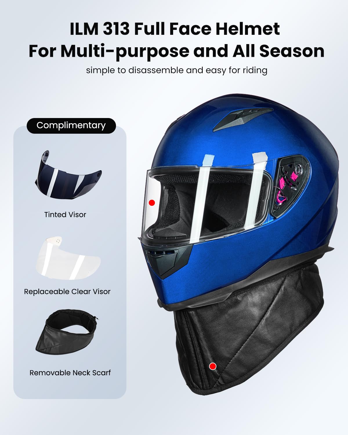 ILM Full Face Motorcycle Helmet DOT Model-JK313, Small, Blue, with Removable Winter Neck Scarf & 2 Visors, ABS Material