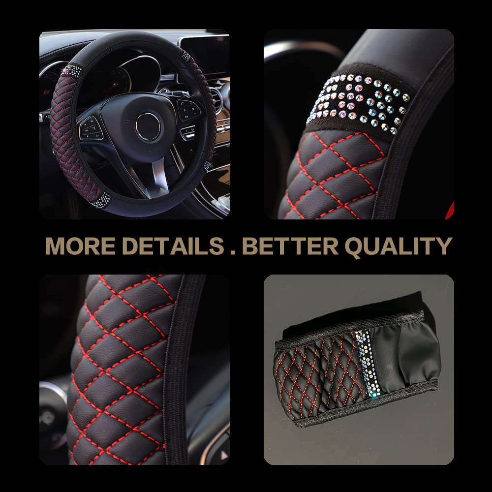 Diamond Leather Steering Wheel Cover,Bling Soft Leather Steering Wheel Cover For Women Girls,Universal 15 Inch Breathable Anti-S