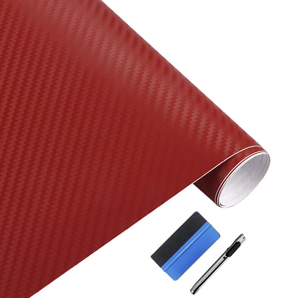 Lzlrun 3D Carbon Fiber Vinyl Wrap - Outdoor Rated For Automotive Use - 12 '' X 60 '' Includes A Set Of Installation Tools (Red)