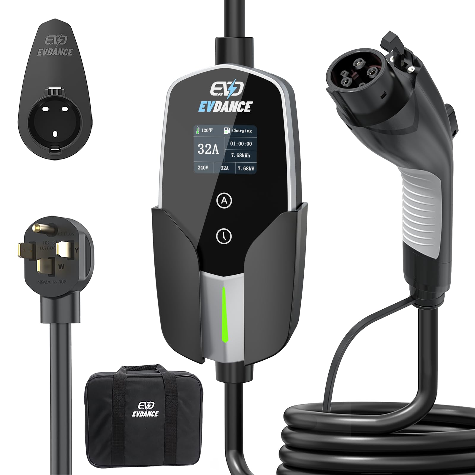 EVDANCE Level 2 EV Charger - Portable 32A EV Chargers NEMA 14-50 with 25ft Cable, Adjustable Current/Delay Charging for Electric