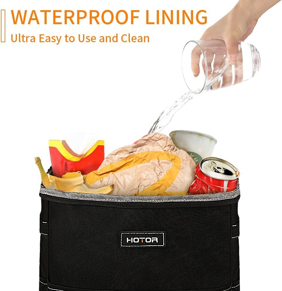 HOTOR Car Trash Can - 3 Gallons, Waterproof Nylon Organizer, Adjustable Straps, Black, Model A000138BL-L