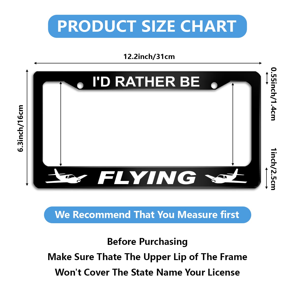 I'd Rather Be Flying License Plate Frame Stainless Steels Funny Black Car Tag Holder Frames with 2 Holes and Screws 12 x 6 Inch