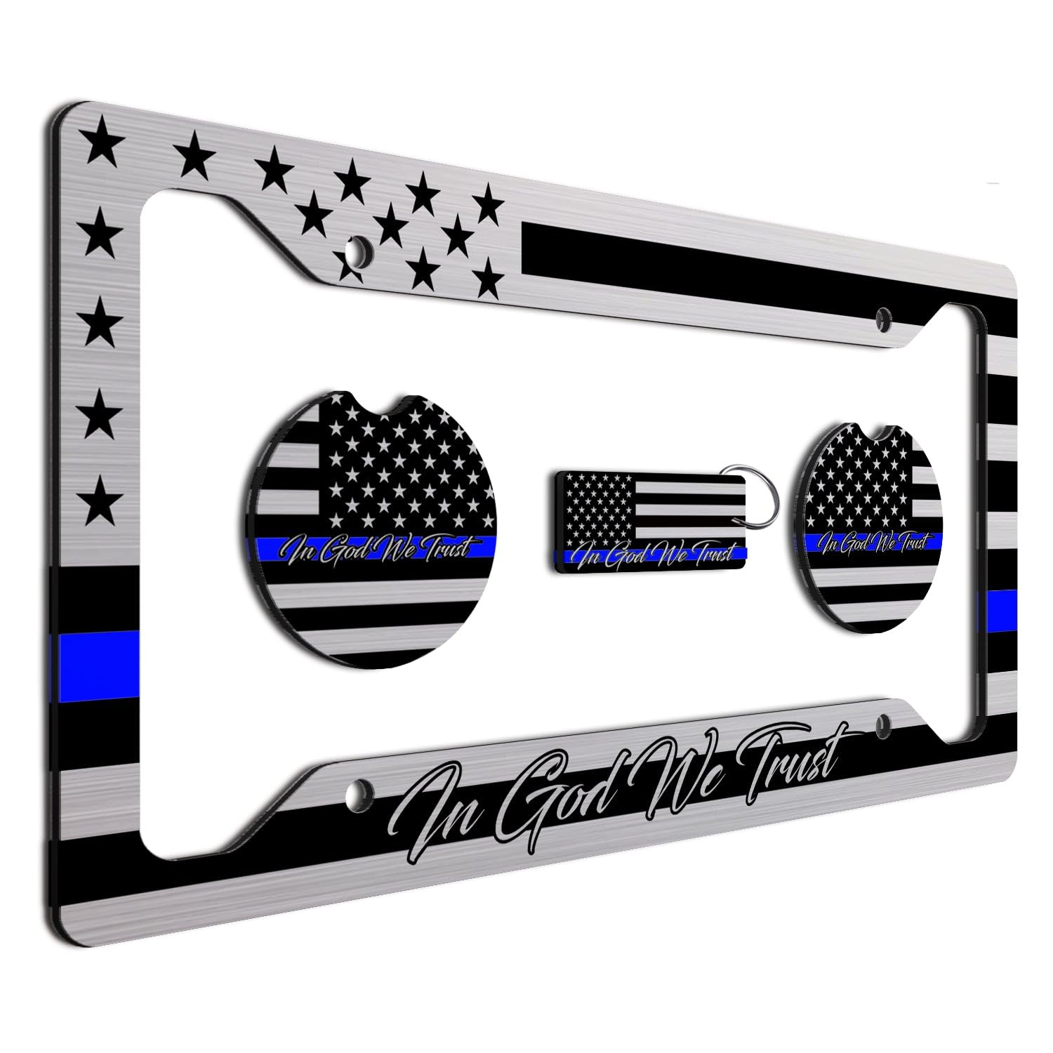 American Flag In God We Trust License Plate Frame + Blue Line Coasters + Keychain - Perfect For God And Country Lovers - Tactica