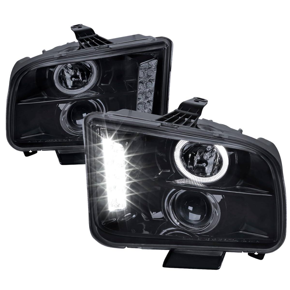 Spec-D Tuning Glossy Black Housing Smoke Lens Projector Headlights Compatible with 2005-2009 Ford Mustang Left + Right Pair Head