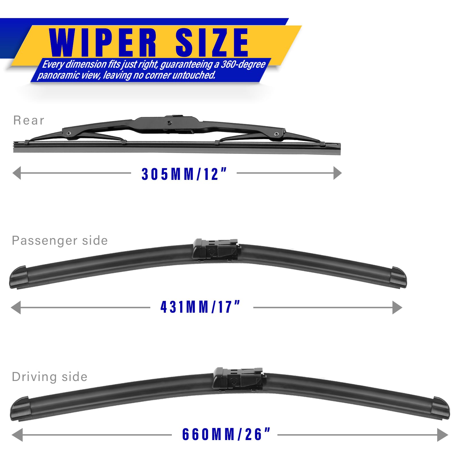 Rooppa Windshield Wiper Blades Replacement for Cadillac SRX 2010-2016 - Set of 3 (26"/17"/12") Rubber, Original Equipment Quality
