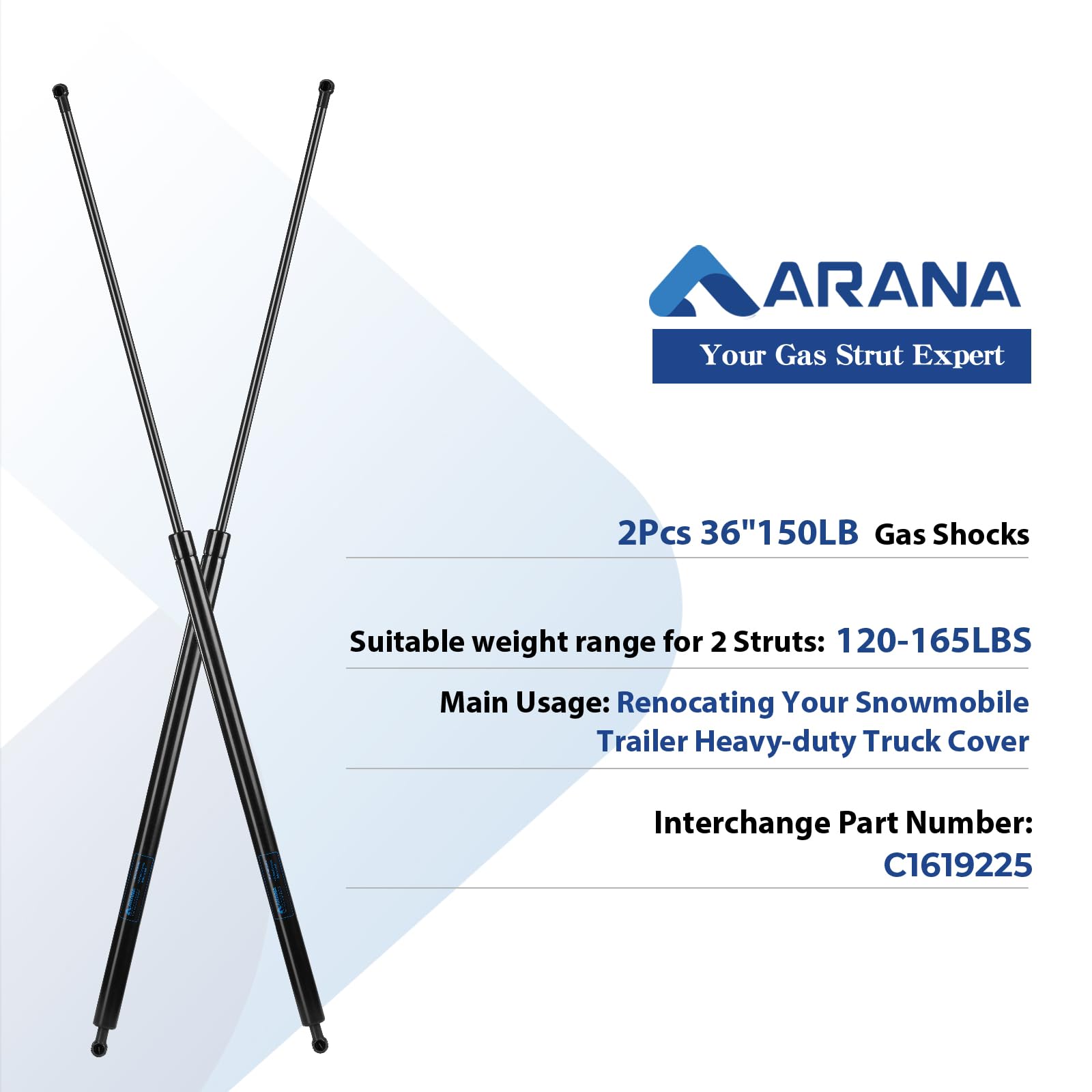 ARANA C16-19225 Gas Struts 150LB Shock Springs, 36" Lift Support, Black, Carbon Steel, 2Pcs for Heavy Duty Lid Truck Tonneau Bed Cover