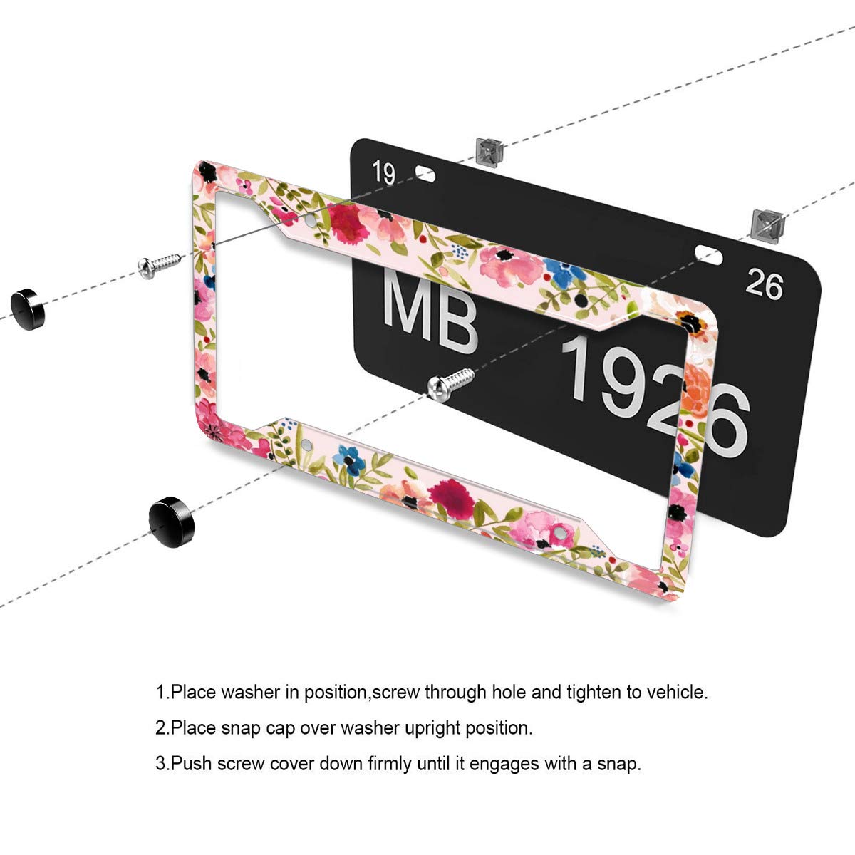 Personalized License Plate Frame Stainless Steels Artistic Flower Pink License Plate Car Tag Holder With 4 Holes And Screws For