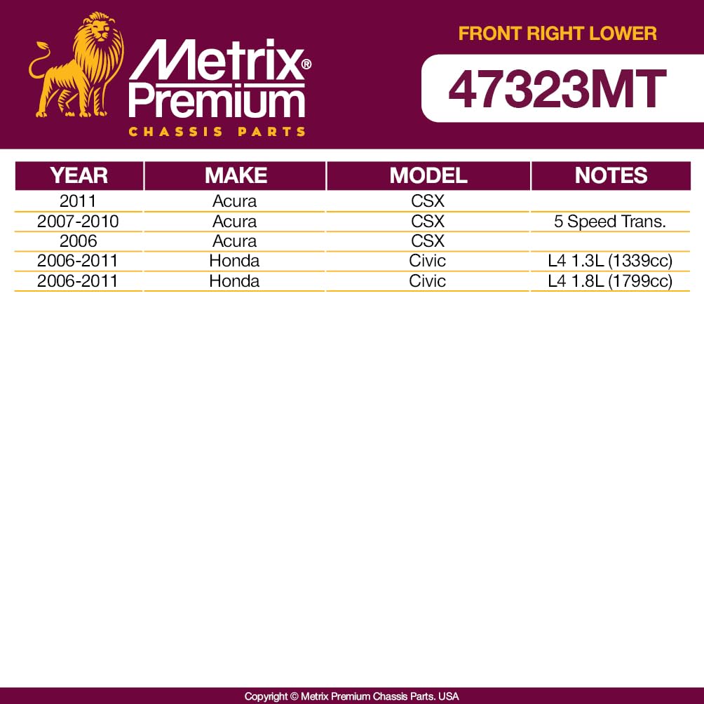 Metrix Premium Chassis Parts - Front Right Lower Control Arm W Ball Joint & Bushing Assembly Fits 2006-2011 Acura Csx, 2006-2011