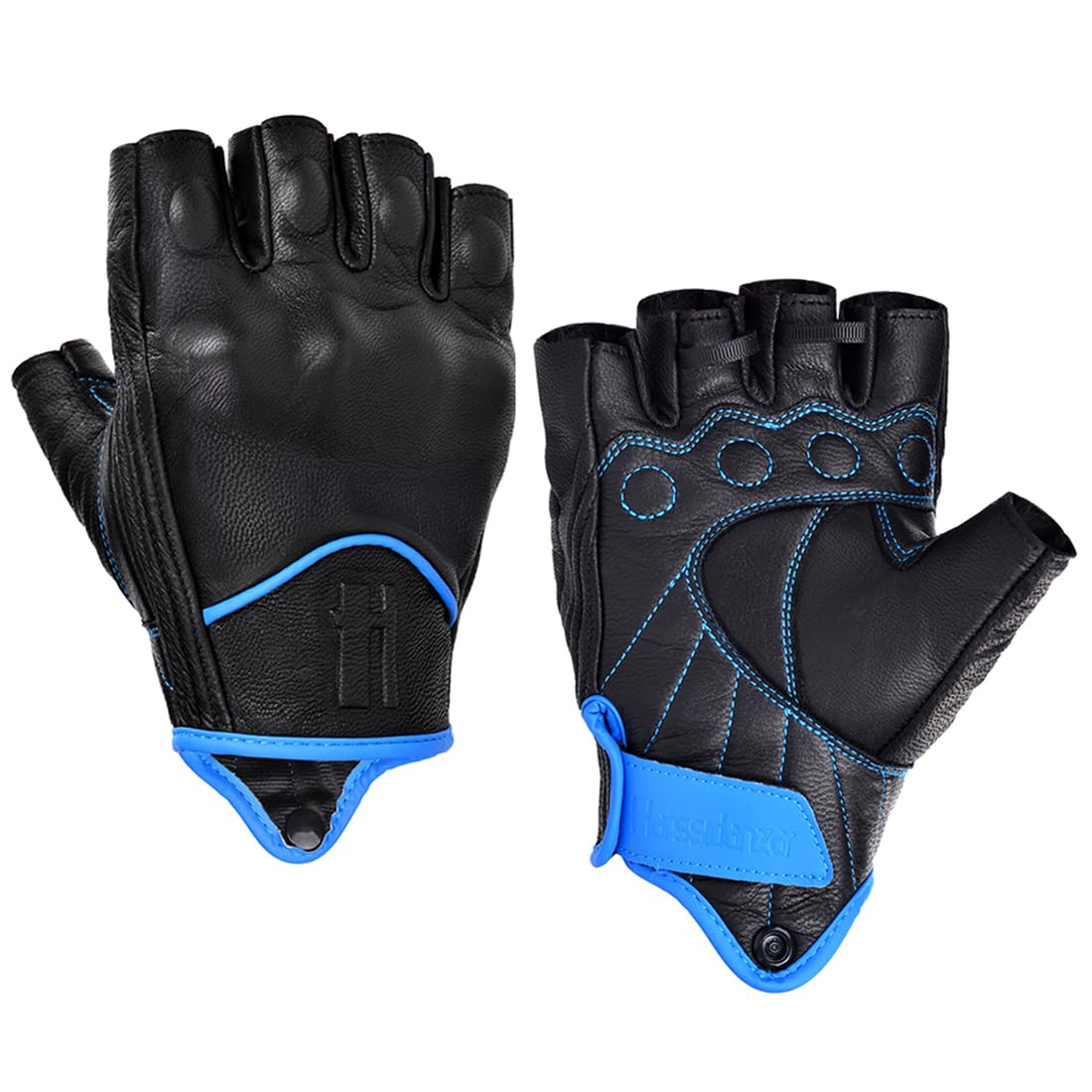 Harssidanzar Fingerless Motorcycle Gloves For Mens Leather Riding Driving Half Finger Gloves Gm037, Black/Blue, Size Large