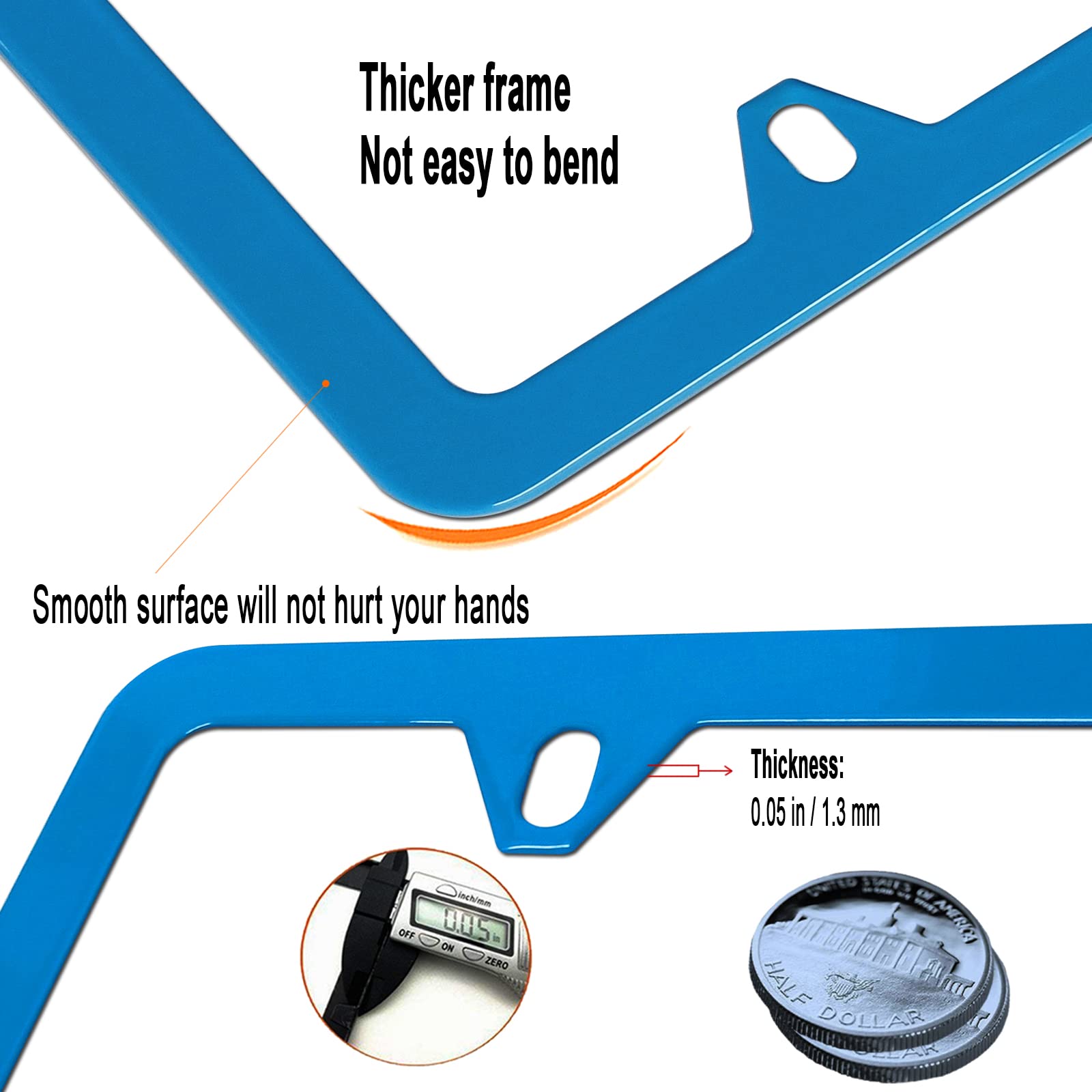 Youoy Blue License Plate Frames- Aluminum Front & Rear Car Tag Covers For Men Women, 2 Pack 4 Hole Thin Slim Holders With Mounting Hardware Kit- Stainless Steel Screws, Rattle Proof Pads