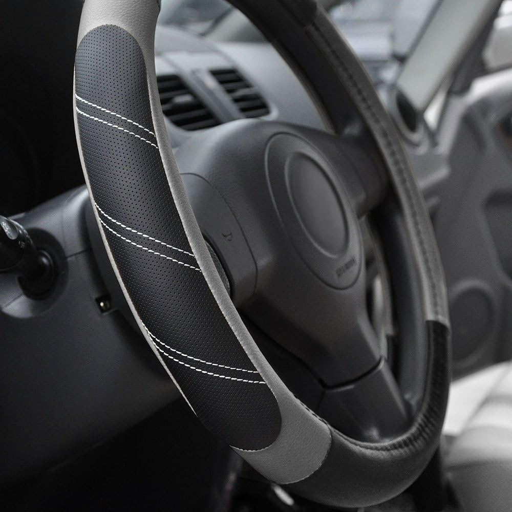 Elantrip Leather Large Steering Wheel Cover 15 1/2 to 16 inch Soft Grip Breathable for Car Truck SUV Jeep Anti Slip Black and Gr