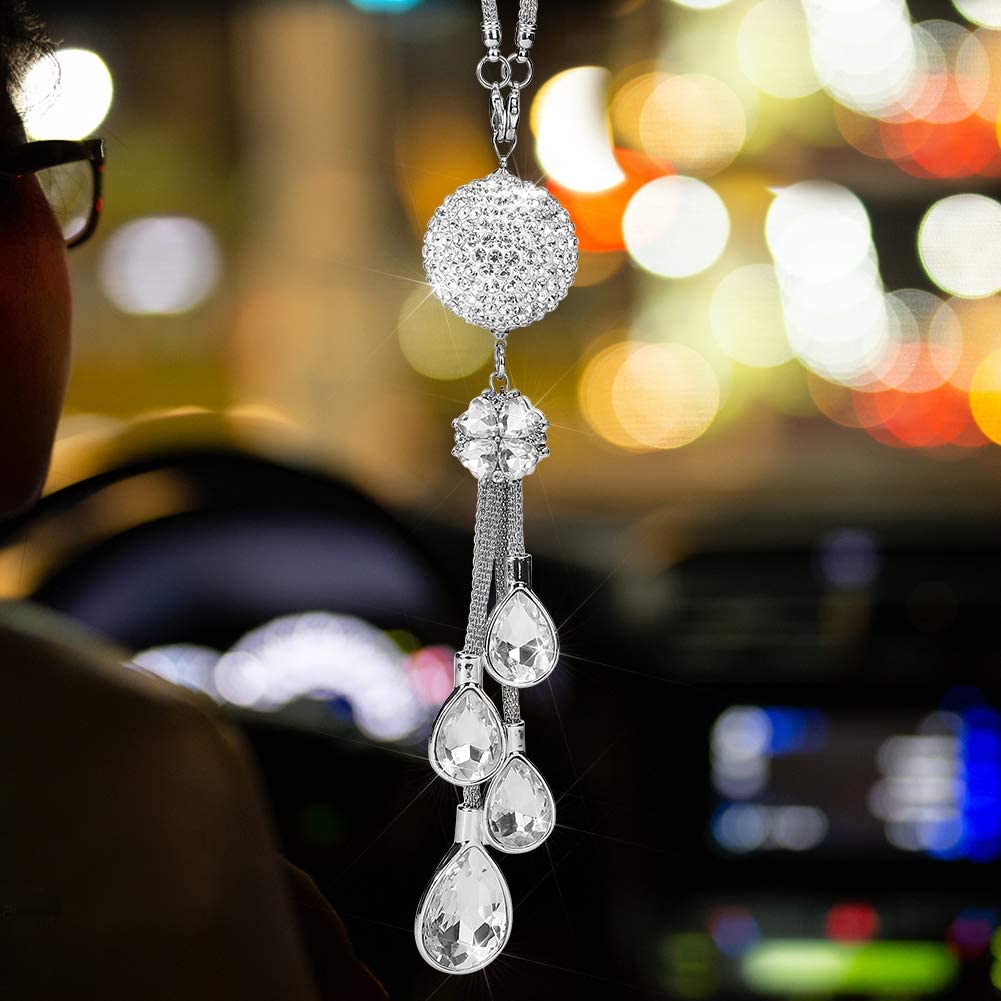 Otostar Bling Crystal Ball And Drops Car Hanging Accessories, Car Rear View Mirror Pendant Charms Interior Sun Catcher Ornament, Bling Car Accessories For Women Girls (White)