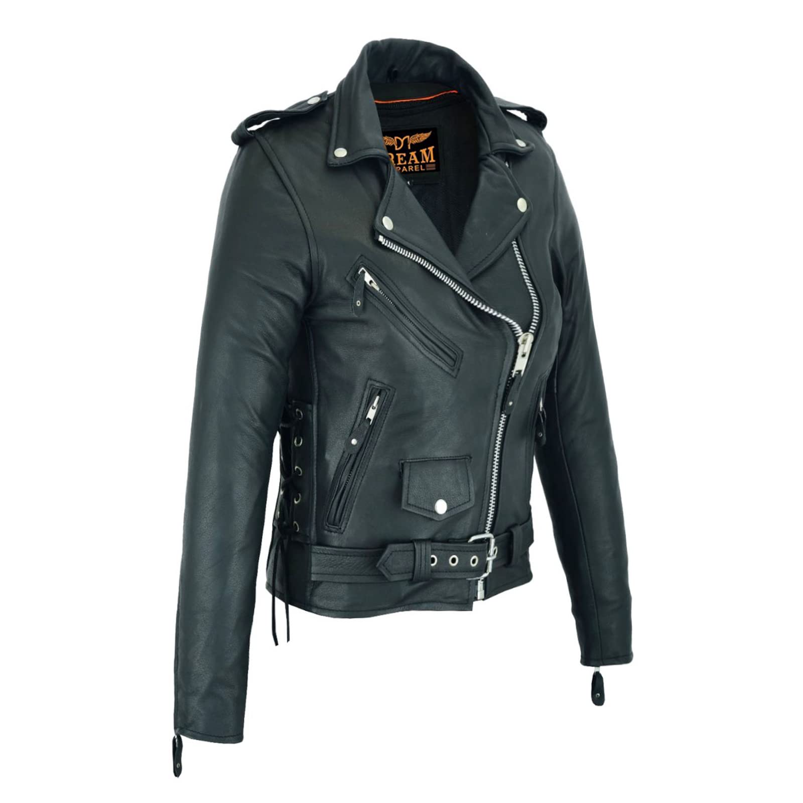 Dream Apparel Women's Leather Motorcycle Jacket, Zip Out Lining, Size M, Black